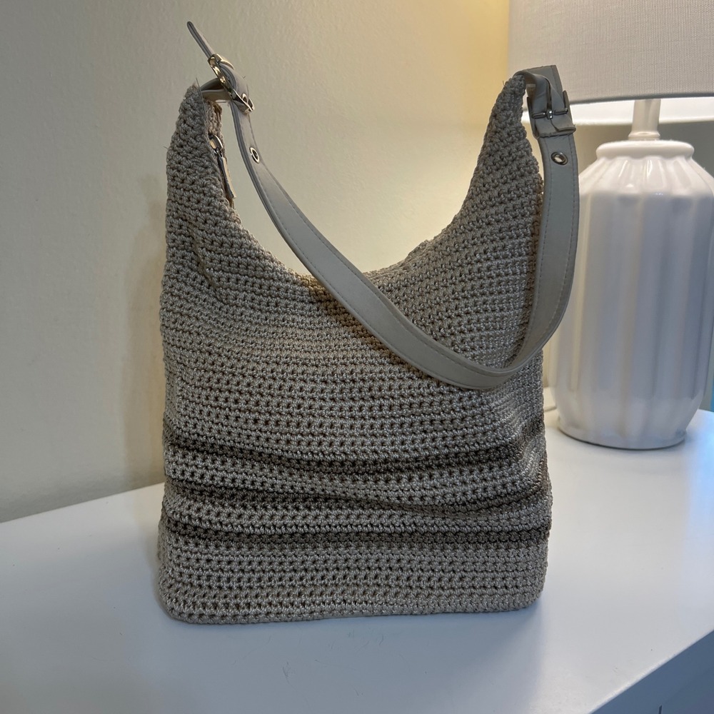 Beige Crochet Knit Hobo Bag Striped Woven Shoulder Bag with Adjustable Strap